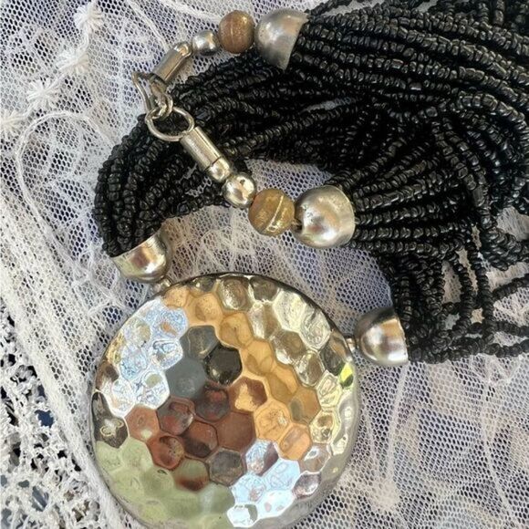 Vintage Multi-strand Tibetan/Nepalese Black Onyx Stone Bead Necklace - Picture 3 of 12